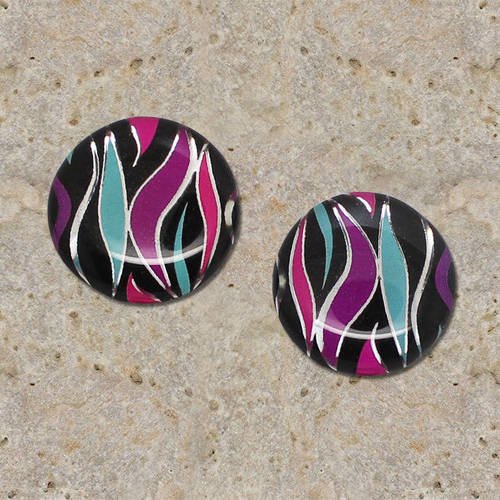 2 cabochons ronds 20 mm rayures multicolores argent
