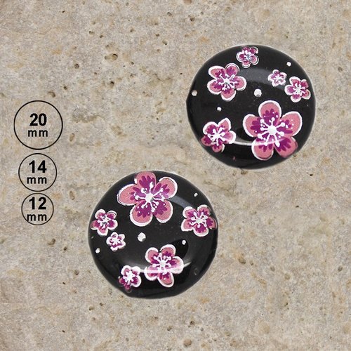 2 cabochons fleurs rose et argent sur fond noir, 20, 14, 12 mm