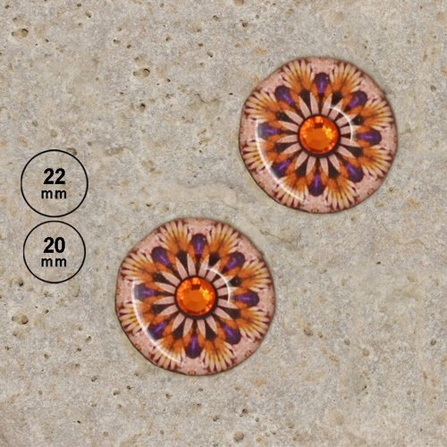 2 cabochons rond en résine impression kaléidoscope orange 22 et 20 mm