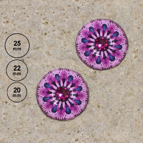 2 cabochons rond en résine impression kaléidoscope fuchsia strass, 25, 22, 20 mm