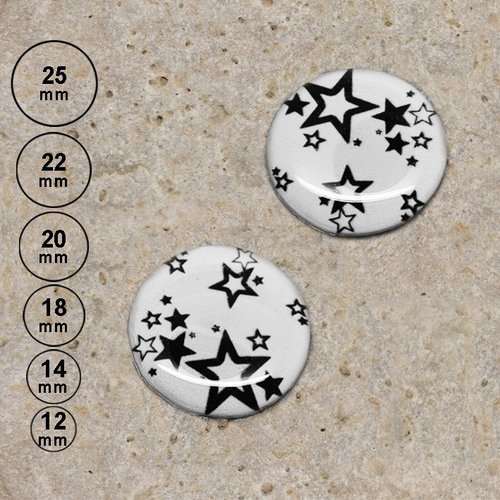 2 cabochons ronds en résine étoiles blanc 25,22, 20,18,14,12 mm