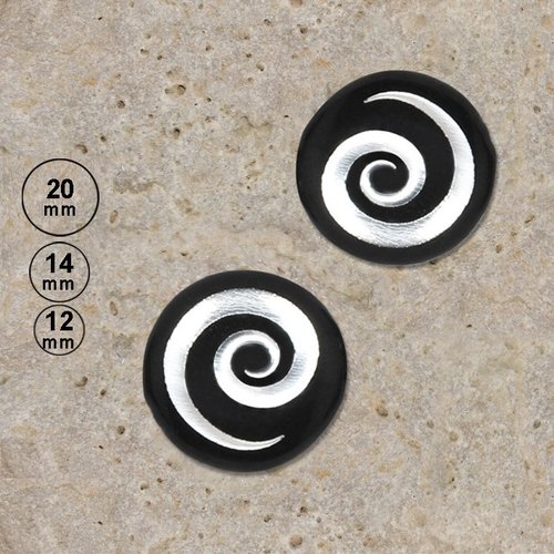 2 cabochons spirale argentée sur fond noir, 20, 14, 12 mm