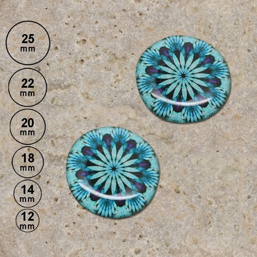 2 cabochons rond 12 mm en résine impression kalos turquoise 25, 22, 20, 18, 14 ,12 mm.