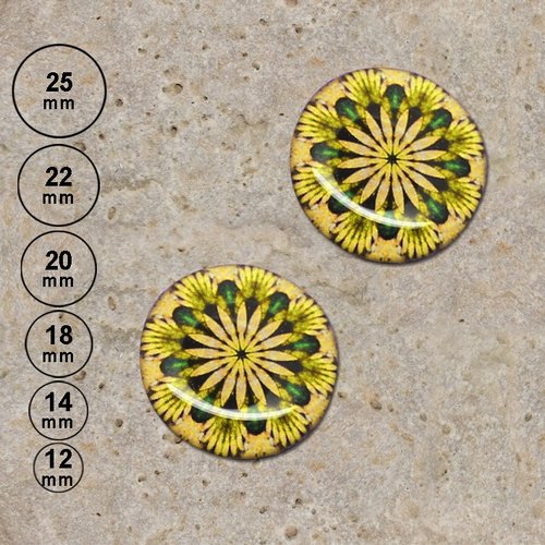 2 cabochons rond en résine impression kalos jaune 25, 22, 20, 18, 14 ,12 mm
