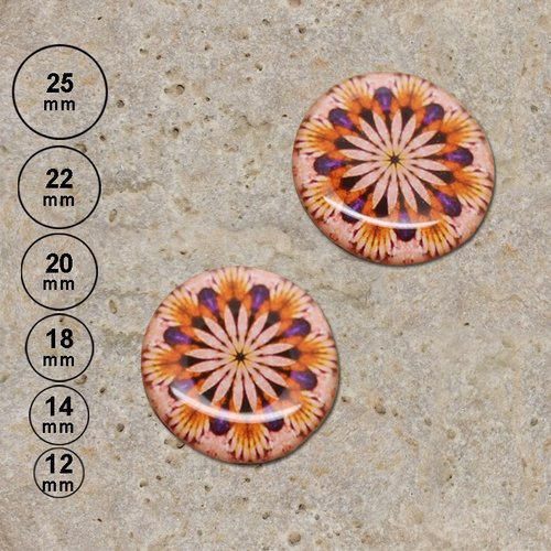 2 cabochons rond en résine impression kalos orange 25, 22, 20, 18, 14 ,12 mm.