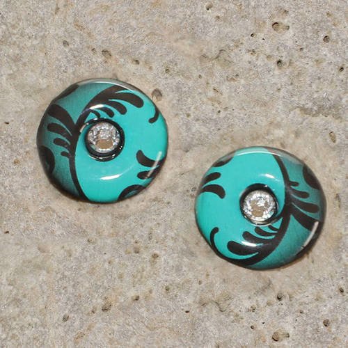 2 cabochons feuilles, turquoise et strass, 25, 22, 20 mm
