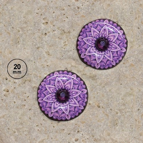 2 cabochons impression dentelle,violet et strass 20 mm