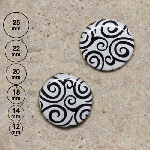 2 cabochons motif volutes, blanc 25, 22, 20,18,14, 12 mm