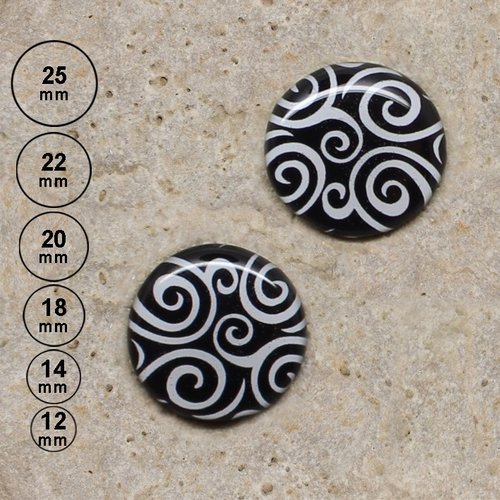 2 cabochons motif volutes, noir 25, 22, 20,18,14, 12 mm