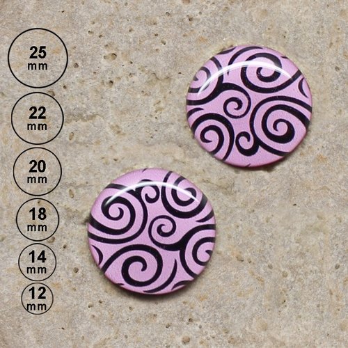 2 cabochons motif volutes, rose 25, 22, 20,18,14, 12 mm