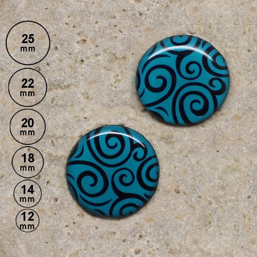 2 cabochons motif volutes, bleu canard 25, 22, 20,18,14, 12 mm