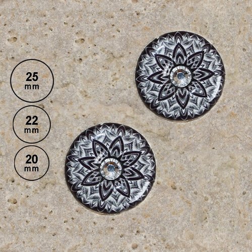 2 cabochons impression dentelle noire et strass, 25, 22, 20 mm
