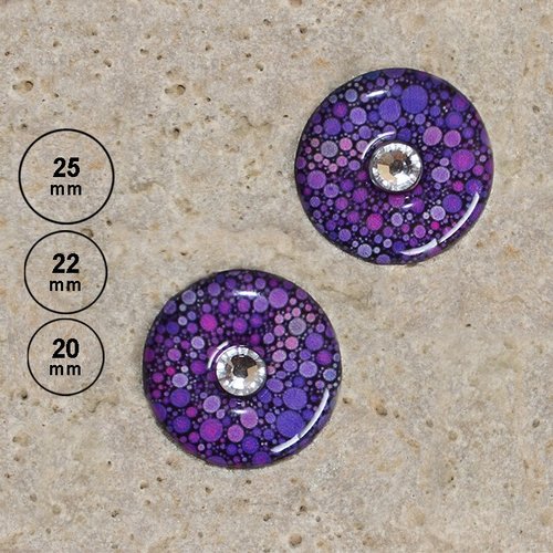 2 cabochons multi-ronds, violet et strass, 25, 22, 20 mm