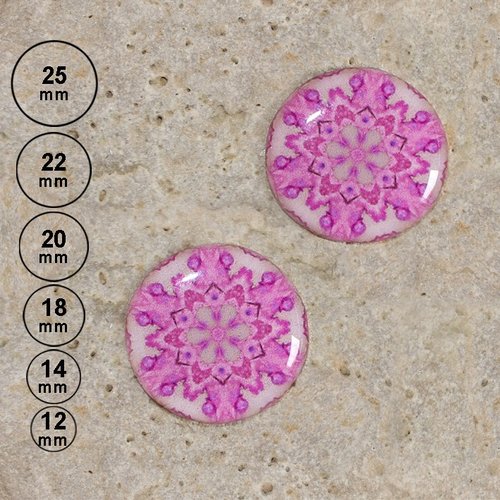 2 cabochons rond en résine impression kaléidoscope rose 25, 22, 20,18,14, 12 mm