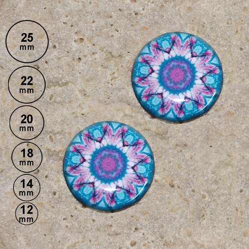 2 cabochons rond en résine impression kaléidoscope bleu 25, 22, 20,18,14, 12 mm