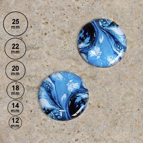 2 cabochons marbling, bleu 25, 22, 20,18,14, 12 mm