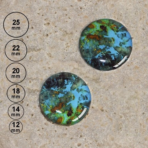 1 lot de 2 cabochons en résine impression pierre semi-précieuse vert bleu 25, 22, 20,18,14, 12 mm