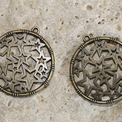 2 pendentifs rond etoiles bronze 35 x 32 mm 