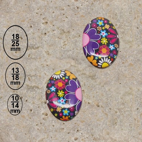 2 cabochons ovale en résine impression fleurs 18-25, 13-18, 10-14 mm