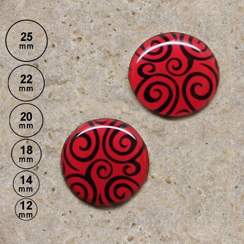 2 cabochons motif volutes, rouge 25, 22, 20,18,14, 12 mm