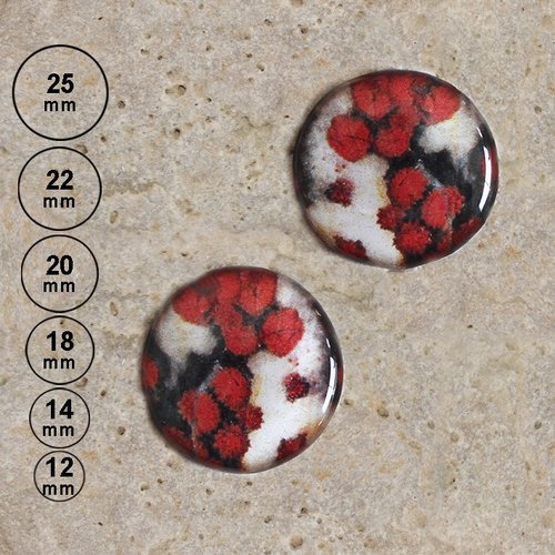 2 cabochons en résine impression motif jaspe, rouge 25, 22, 20,18,14, 12 mm