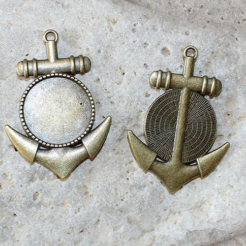 2 pendentifs bronze ancre marine support de cabochon rond