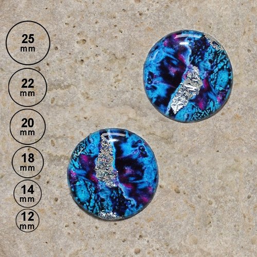 2 cabochons pierre dichroïque, bleu 25, 22, 20, 18, 14, 12 mm