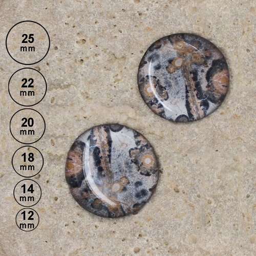 2 cabochons en résine impression pierre semi-précieuse 25,20,18,14,12 mm