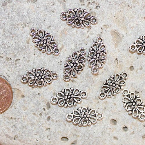 10 connecteurs fleurs argentés 2 trous 16 x 8 mm pour création bijoux 