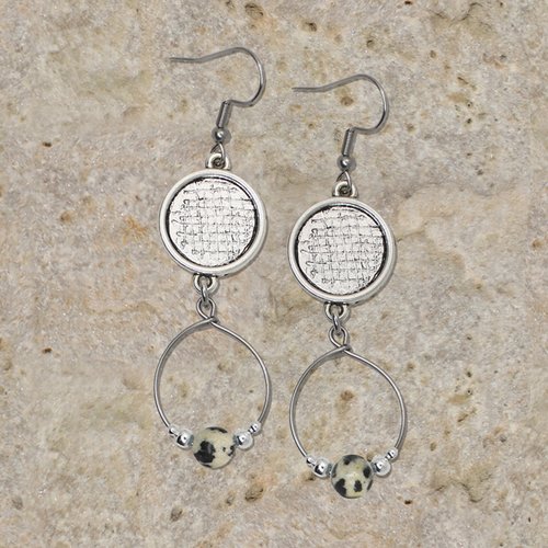 Boucles d'oreilles pour cabochon de 14 mm finition ovale perle jaspe dalmatien