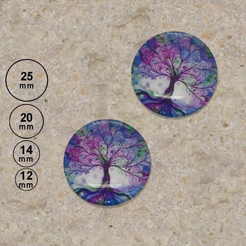 2 cabochons motif arbre de vie violet 25,20,14,12 mm