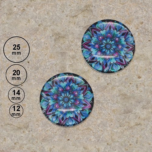 2 cabochons motif mandala bleu 25,20,14,12 mm