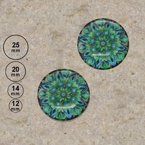 2 cabochons motif mandala vert 25,20,14,12 mm