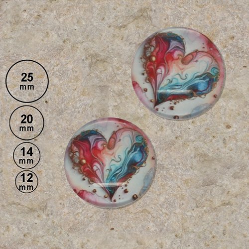 2 cabochons motif cœur multicolore 25,20,14,12 mm