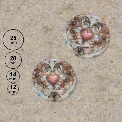 2 cabochons motif cœur beige 25,20,14,12 mm