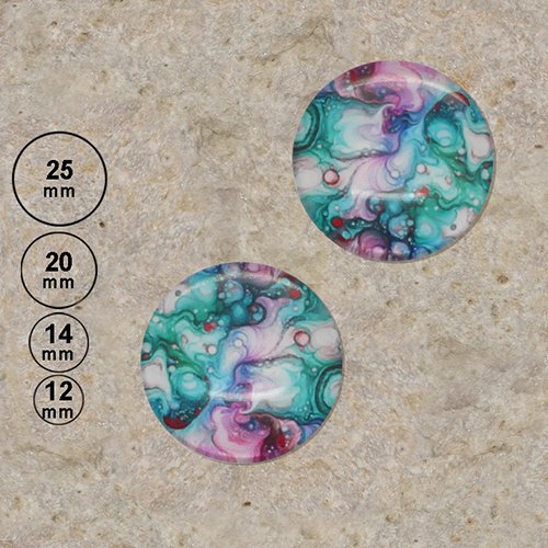 2 cabochons motif fusion turquoise violine 25,20,14,12 mm