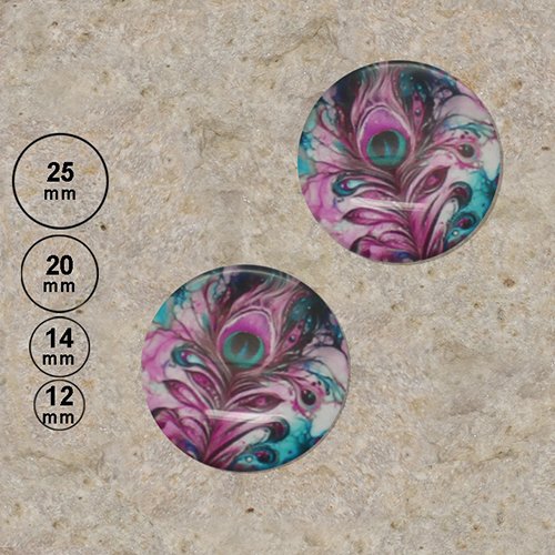2 cabochons motif plume de paon fuchsia 25,20,14,12 mm