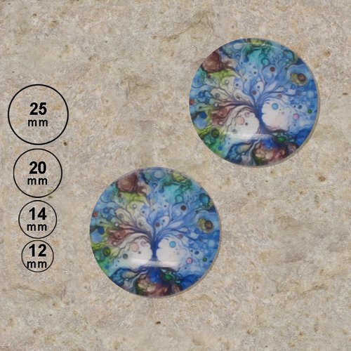 2 cabochons motif arbre de vie bleu 25,20,14,12 mm