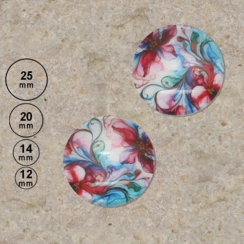2 cabochons motif peinture fleurs 25,20,14,12 mm