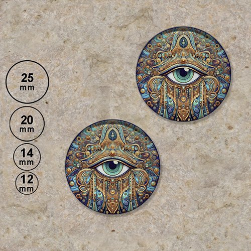 2 cabochons motif peinture œil égyptien 25,20,14,12 mm