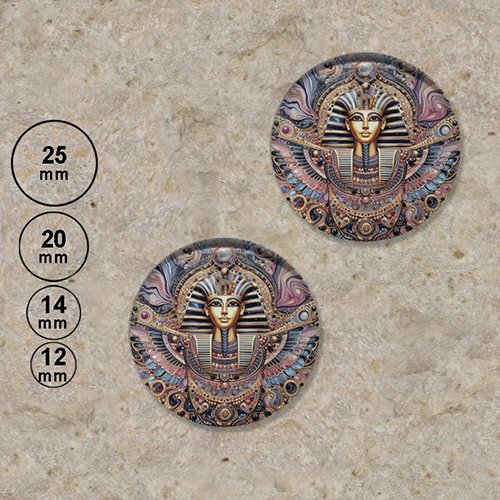 2 cabochons motif peinture pharaon égyptien 25,20,14,12 mm