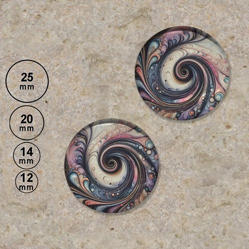 2 cabochons motif peinture spirale 25,20,14,12 mm