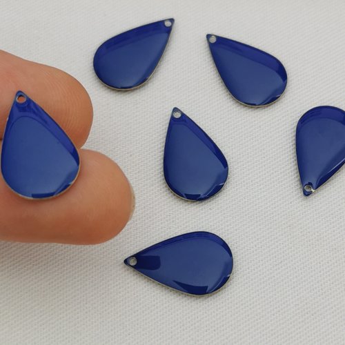 6 pendentifs gouttes bleu roi émaillées double face