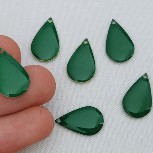 6 pendentifs gouttes vertes émaillées double face