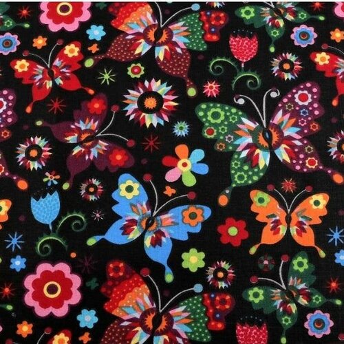 Tissu coton motifs papillons printanier fleuri, à partir de 50cm.butterflies cotton fabric.
