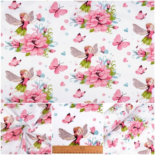 Tissu en coton imprimé fée et papillons,idéal printemps-été, certifiés oeko-tex,à partir de 50cm. livraison gratuite.fairy cotton fabric