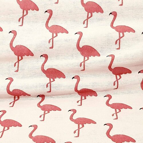 Tissu en coton motif flamants rose effet lin,toile de jute,à partir de 50cm, flamingo fabric.