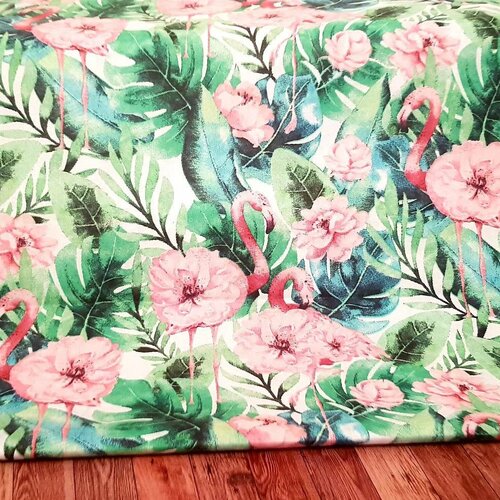 Tissu coton motifs flamants roses sur un feuillage vert pastel, très joli effet exotique tropical, à partir de 50cm/80cm de laize. tropical.