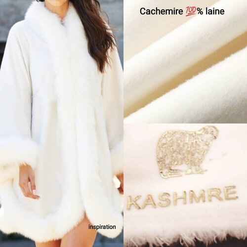 Tissu lainage,cachemire de luxe, blanc cassé, signė,assez épais, 100% laine,150cm de largeur.(cape hiver,cape médiévale, mariée......ect