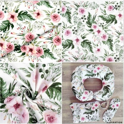 Tissu coton, motif rose, couleur blanc,à partir de 50cm